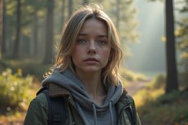 Focused runner in crimson gear strides along a sunlit autumn trail, muscles engaged and hinting at effort, representing safe marathon training.