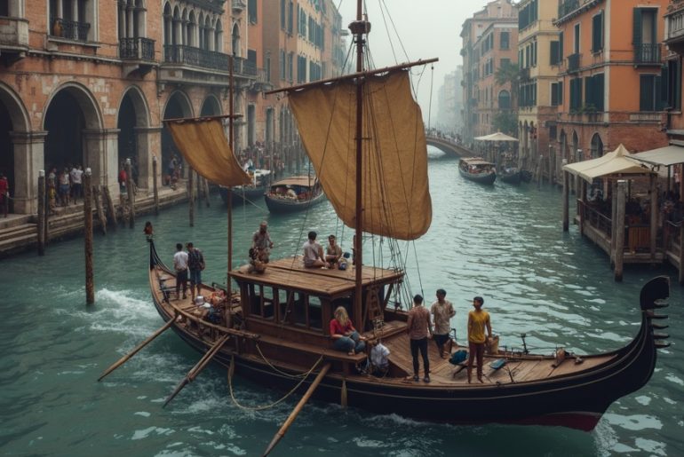 Runner stepping hesitantly into an ice bath at sunrise on a terrace, illuminated by golden-hour light, capturing the contrast of cold water and warm dawn with a thoughtful expression.