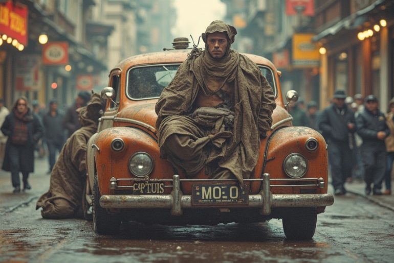 Runner with a focused expression jogging through a city park at sunrise, water droplets in the air and subtle urban background details highlighting morning effort